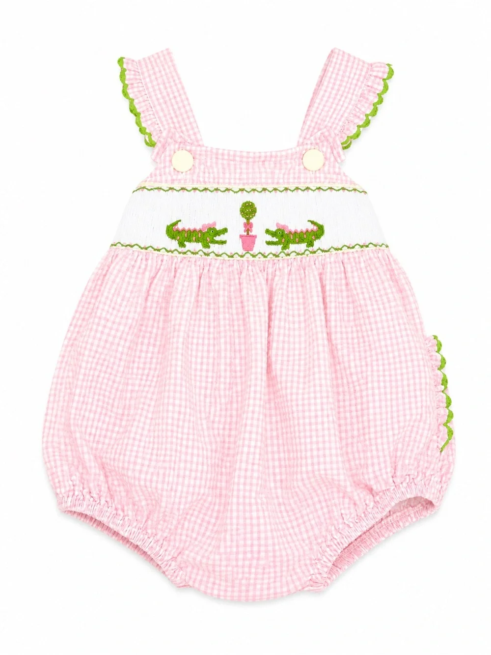 Pink Smocked Gingham Alligator Bubble Romper with Green Trim